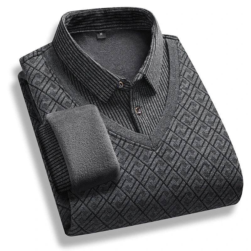 Men's polo neck sweater retro striped fleece pullover