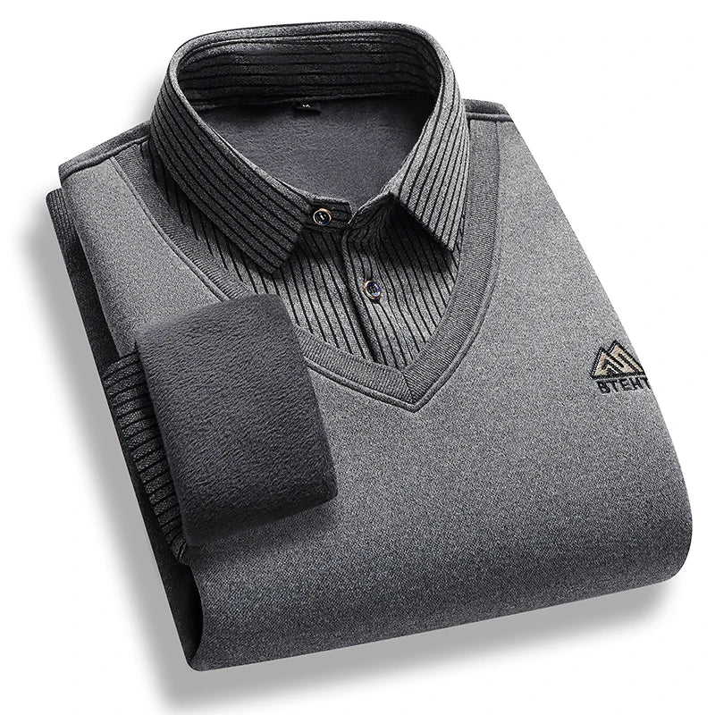 Men's polo neck sweater retro striped fleece pullover