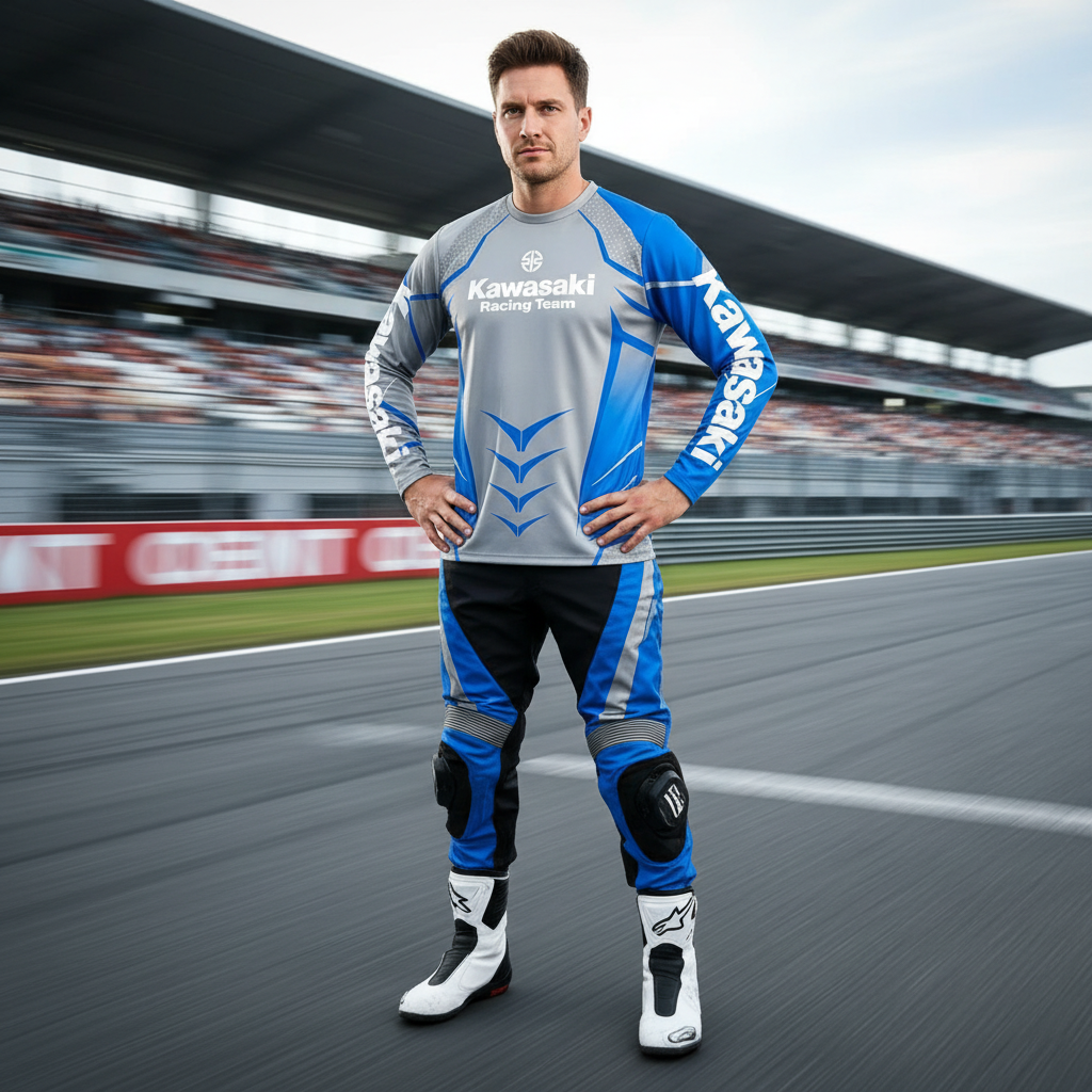 Men’s Kawasaki Motocross Quick-Dry Breathable Long T-Shirt for Summer Cycling and Outdoor Sports