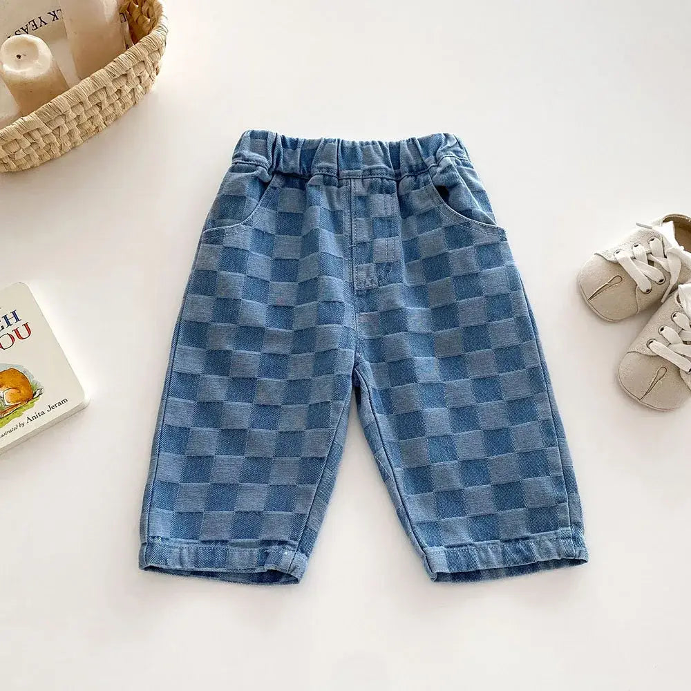2026 Spring New 1-5Y Children Jeans Boys Denim Pants Mid Waist Girls Trousers Fashion Kids Plaid Pants