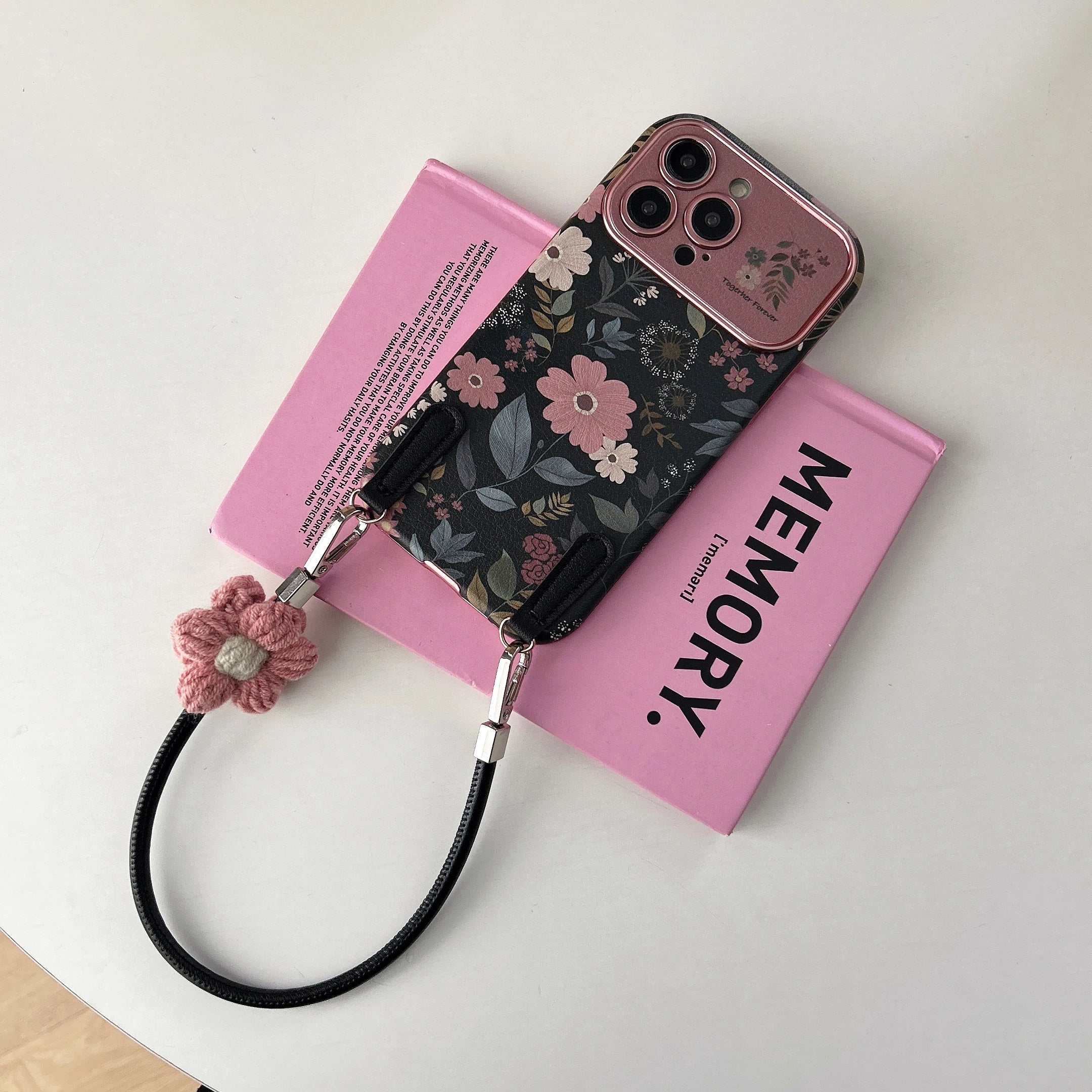 Camellia iPhone case with Korean aesthetic design and lanyard