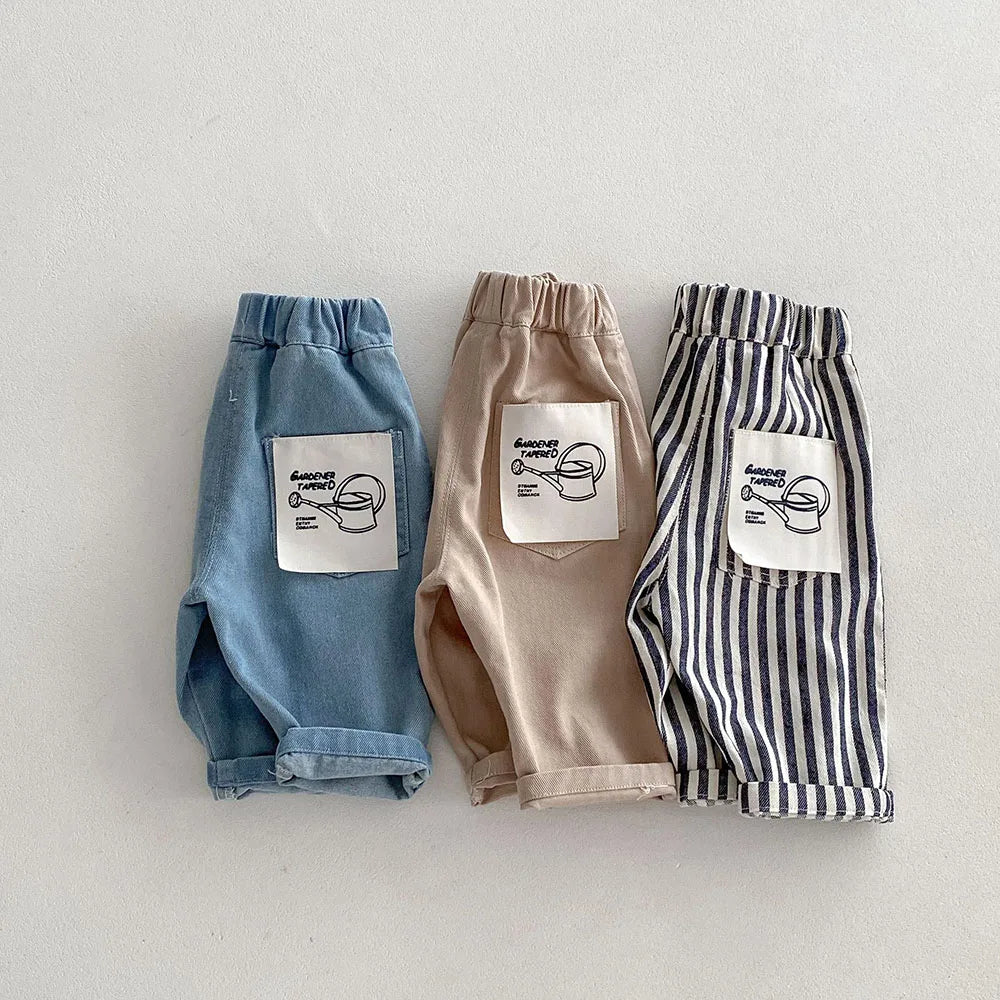 Kids Tapped Casual Striped Pants 0-5T Girls Boys Fashion Stripe Trousers Children Solid Denim Jeans Britches