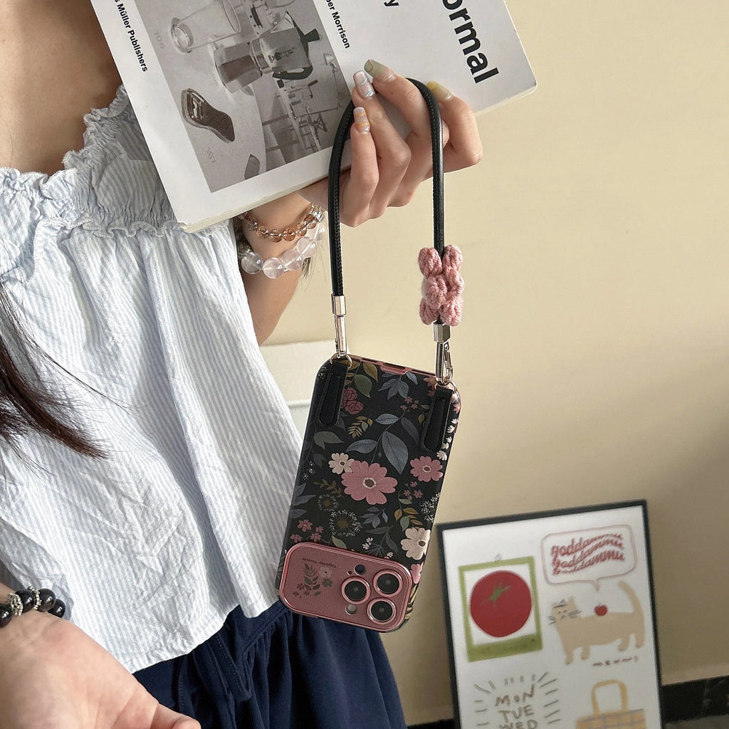 Camellia iPhone case with Korean aesthetic design and lanyard