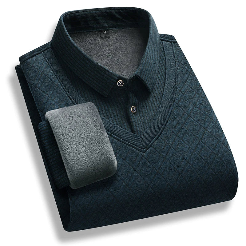 Men's polo neck sweater retro striped fleece pullover