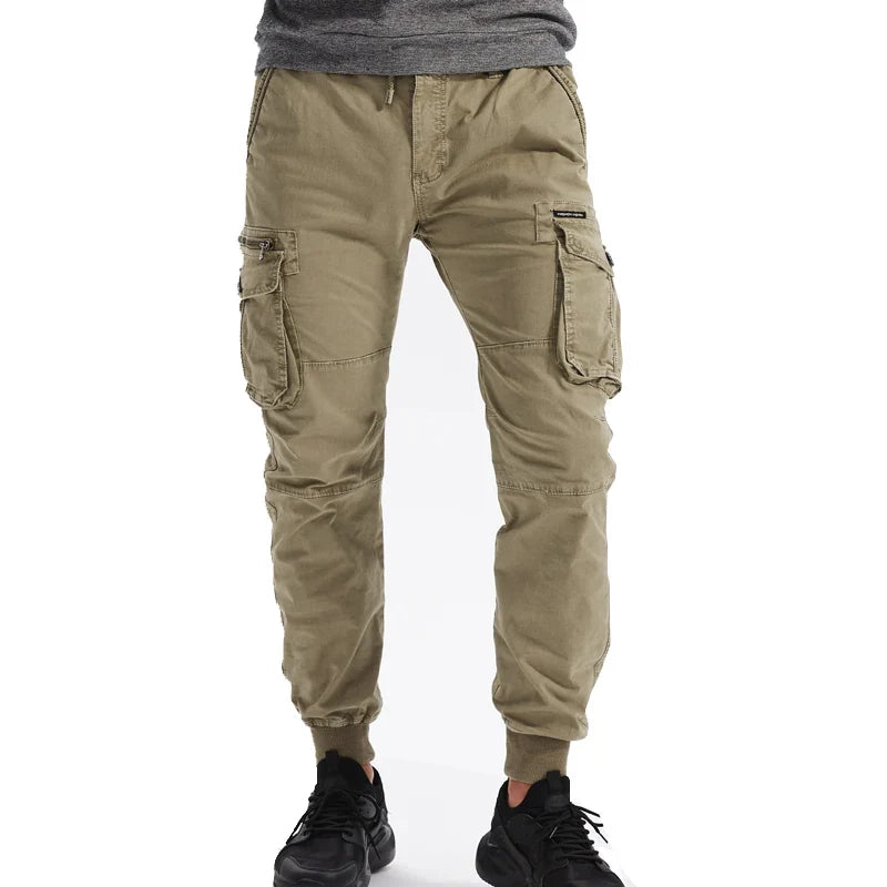 New Cotton Men’s Cargo Pants in Khaki, Black, Army, and Light Gray. Casual Tactical Joggers with Multi-Pockets for Fashion and Work Wear.