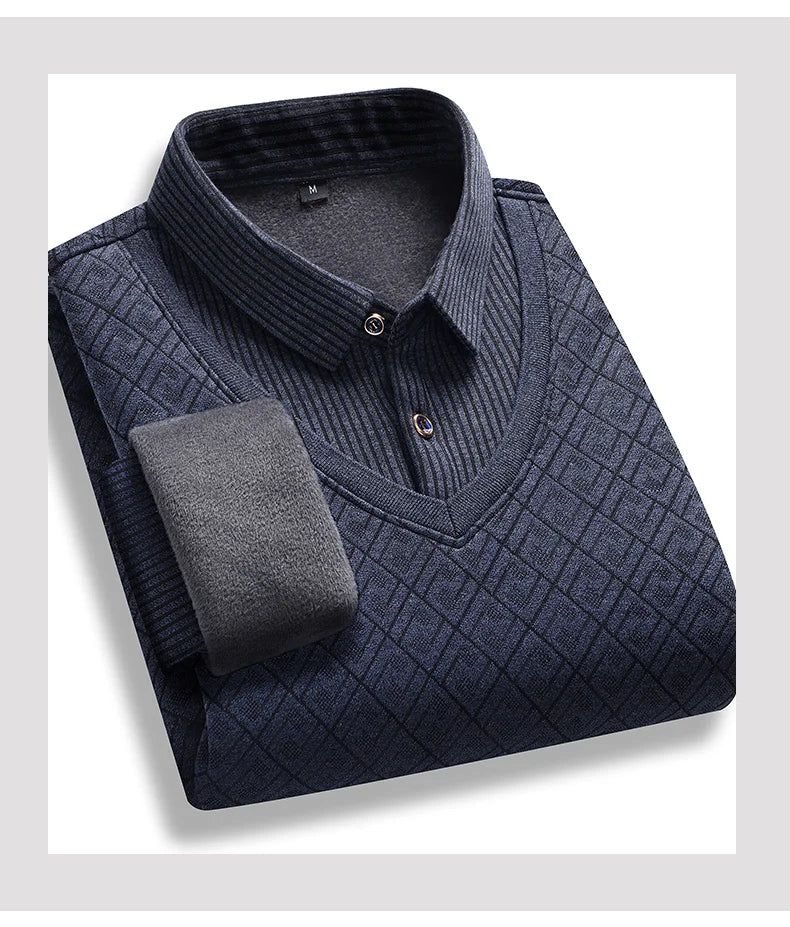 Men's polo neck sweater retro striped fleece pullover