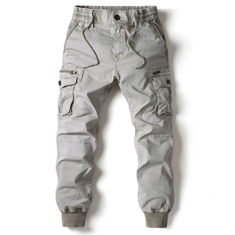 New Cotton Men’s Cargo Pants in Khaki, Black, Army, and Light Gray. Casual Tactical Joggers with Multi-Pockets for Fashion and Work Wear.