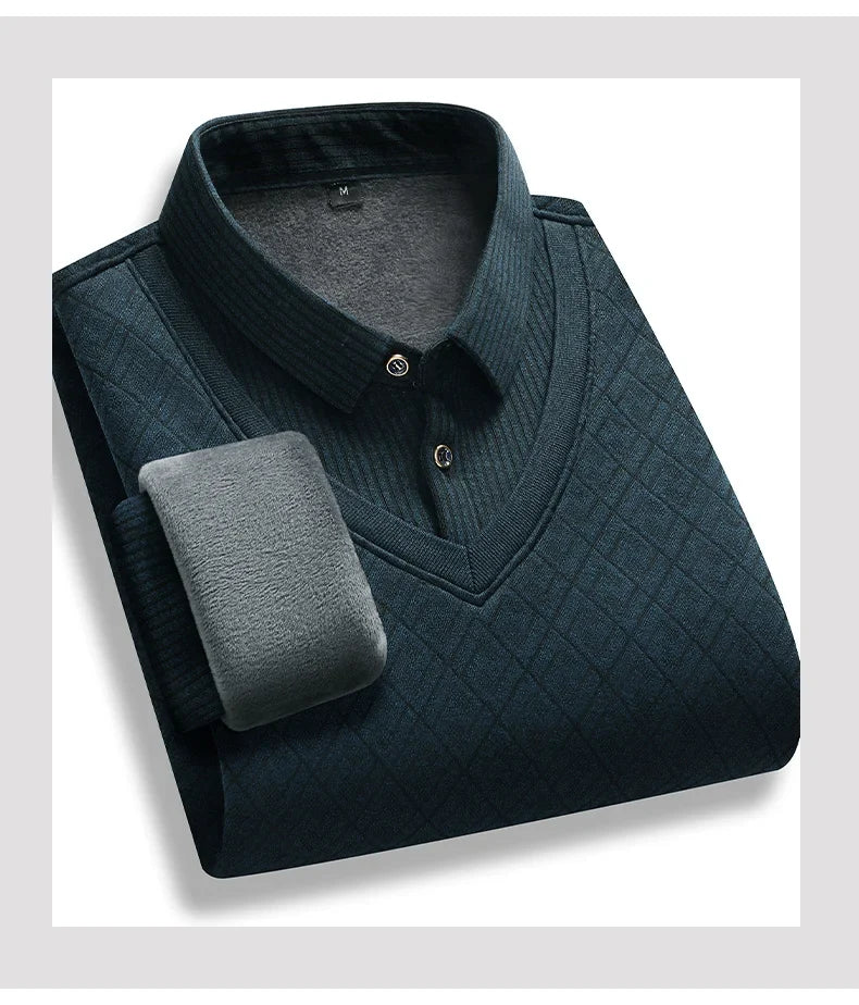 Men's polo neck sweater retro striped fleece pullover
