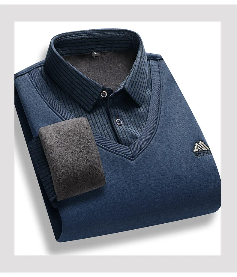 Men's polo neck sweater retro striped fleece pullover