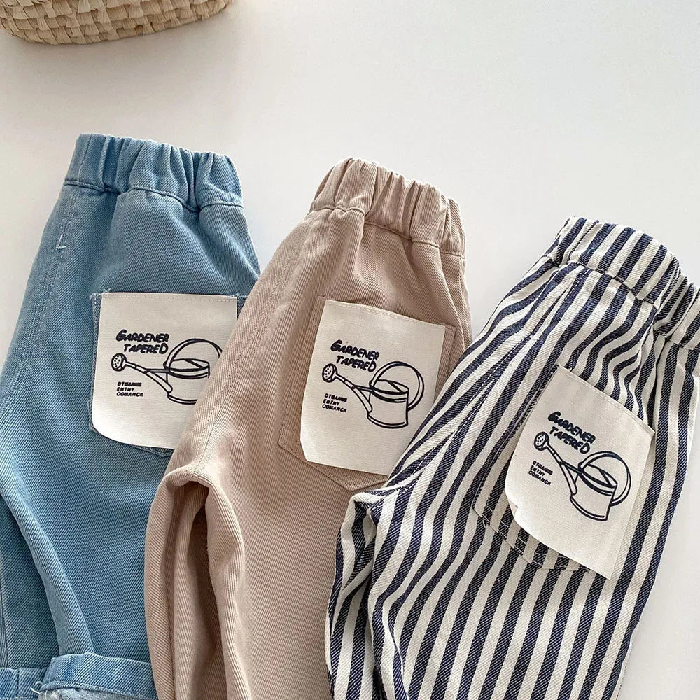 Kids Tapped Casual Striped Pants 0-5T Girls Boys Fashion Stripe Trousers Children Solid Denim Jeans Britches