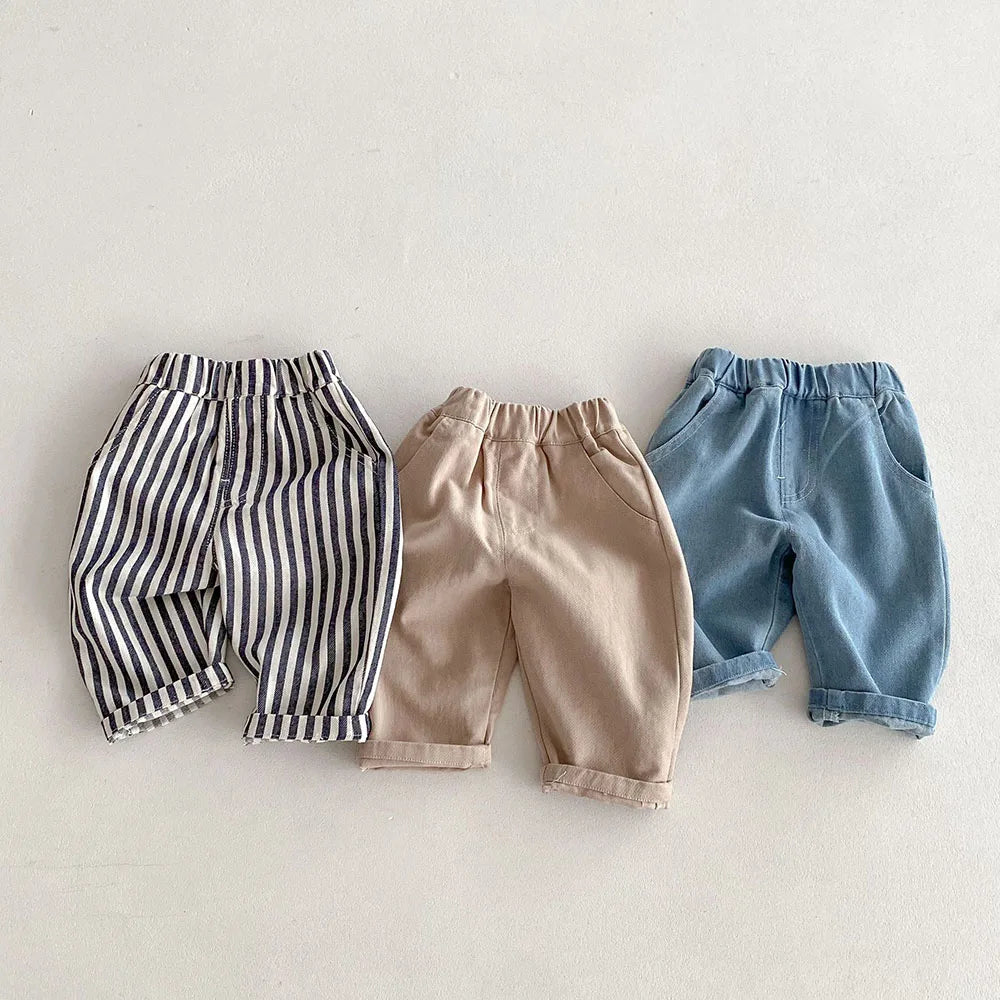 Kids Tapped Casual Striped Pants 0-5T Girls Boys Fashion Stripe Trousers Children Solid Denim Jeans Britches
