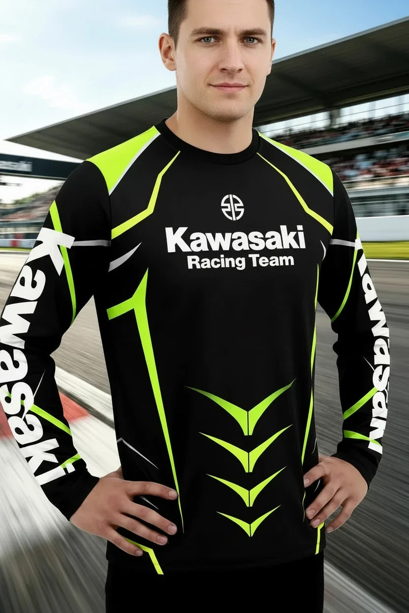 Men’s Kawasaki Motocross Quick-Dry Breathable Long T-Shirt for Summer Cycling and Outdoor Sports