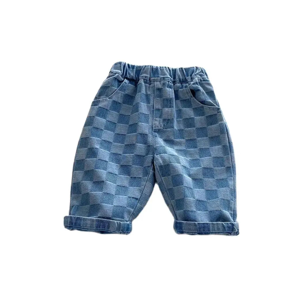 2026 Spring New 1-5Y Children Jeans Boys Denim Pants Mid Waist Girls Trousers Fashion Kids Plaid Pants