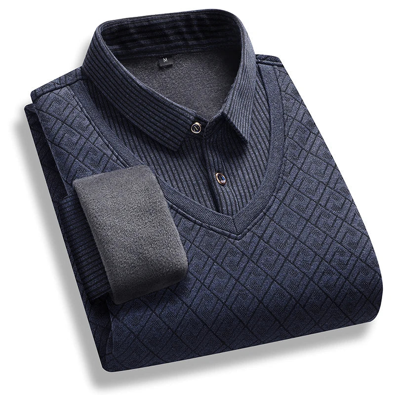 Men's polo neck sweater retro striped fleece pullover