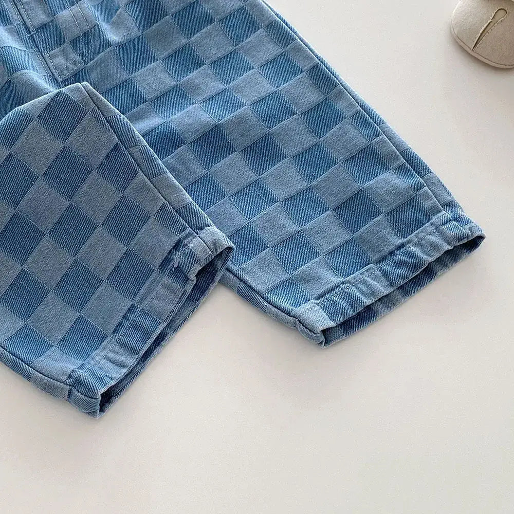 2026 Spring New 1-5Y Children Jeans Boys Denim Pants Mid Waist Girls Trousers Fashion Kids Plaid Pants
