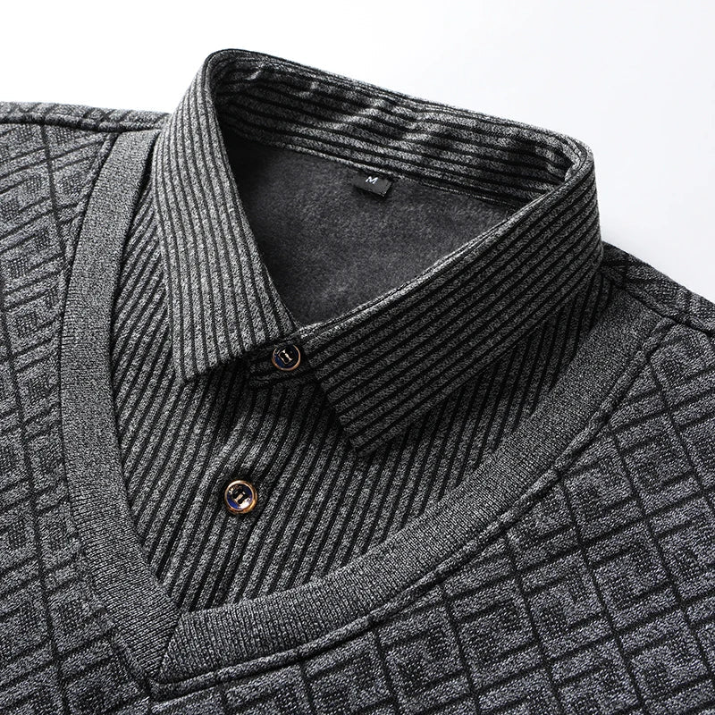Men's polo neck sweater retro striped fleece pullover