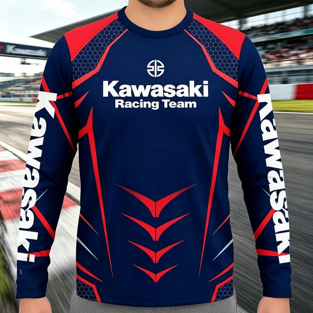 Men’s Kawasaki Motocross Quick-Dry Breathable Long T-Shirt for Summer Cycling and Outdoor Sports