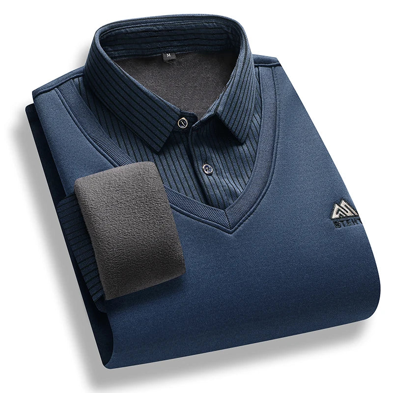 Men's polo neck sweater retro striped fleece pullover