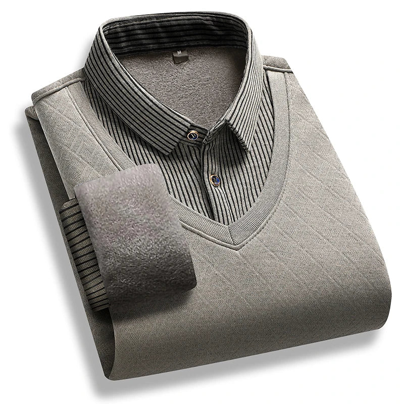 Men's polo neck sweater retro striped fleece pullover