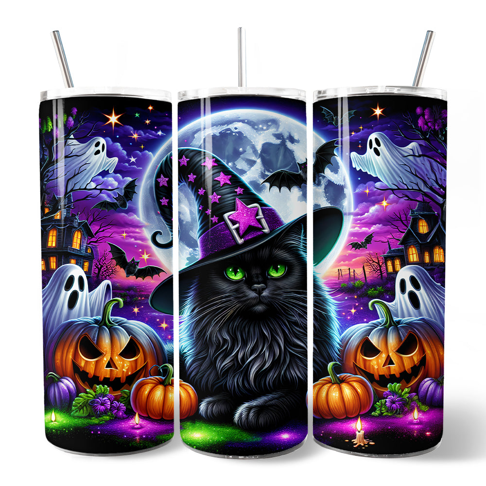 Black Cat Witch 20oz Personalized Tumbler With Lid and Stainless Steel Straw, Spooky Halloween Gift Cup