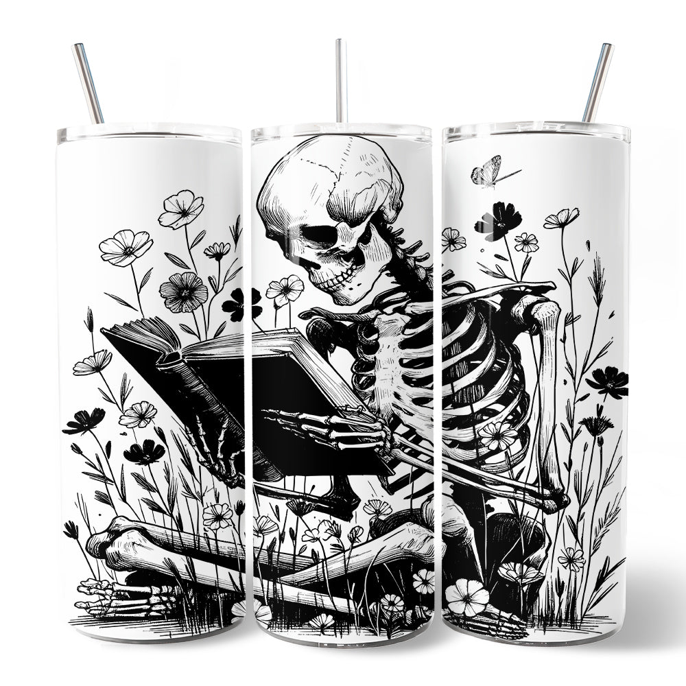 Gothic Reading Skeleton 20oz Personalized Tumbler With Lid and Stainless Steel Straw, Floral Spooky Bookworms Gift Cup