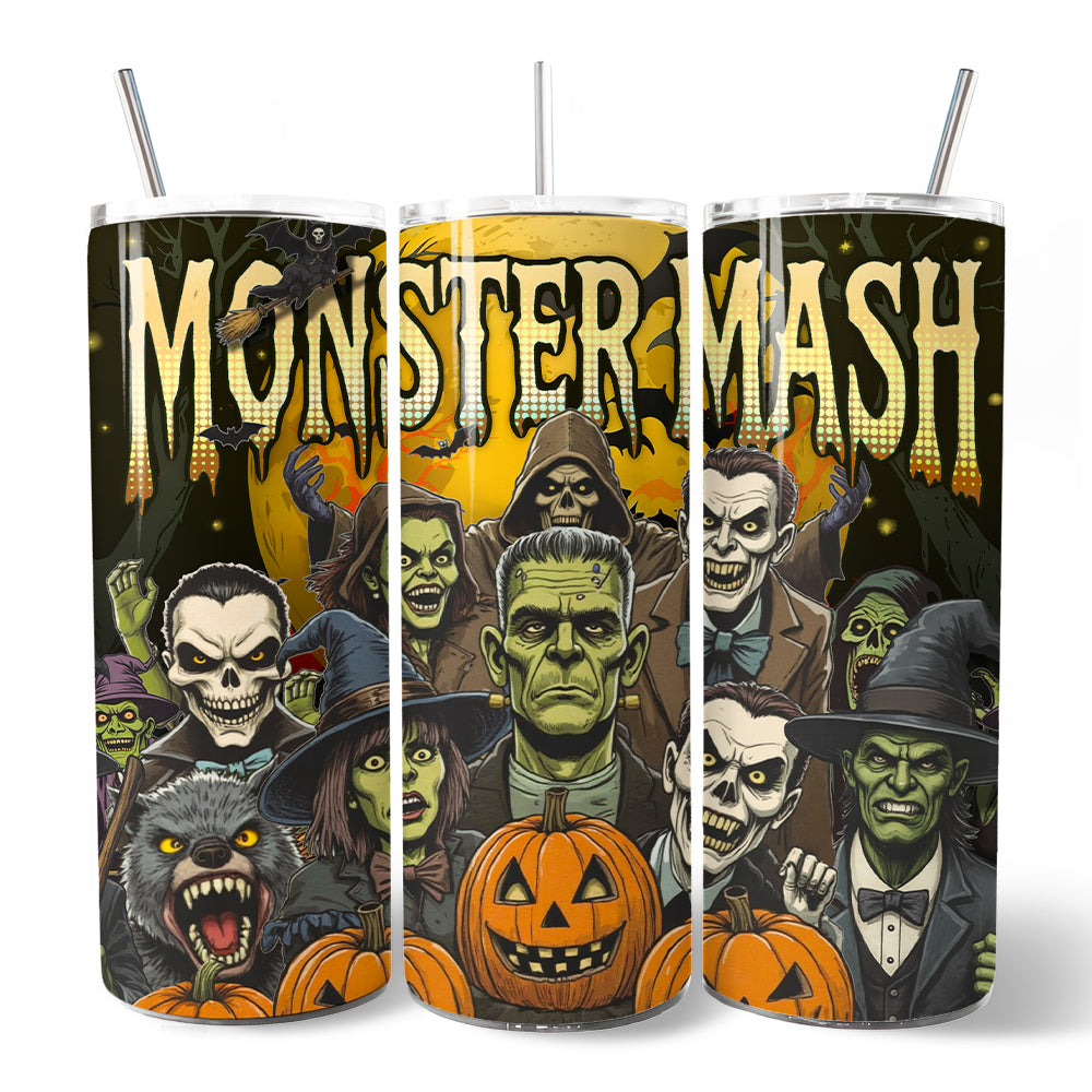 Monster Mash Horror 20oz Personalized Tumbler With Lid and Stainless Steel Straw, Retro Halloween Gift Cup