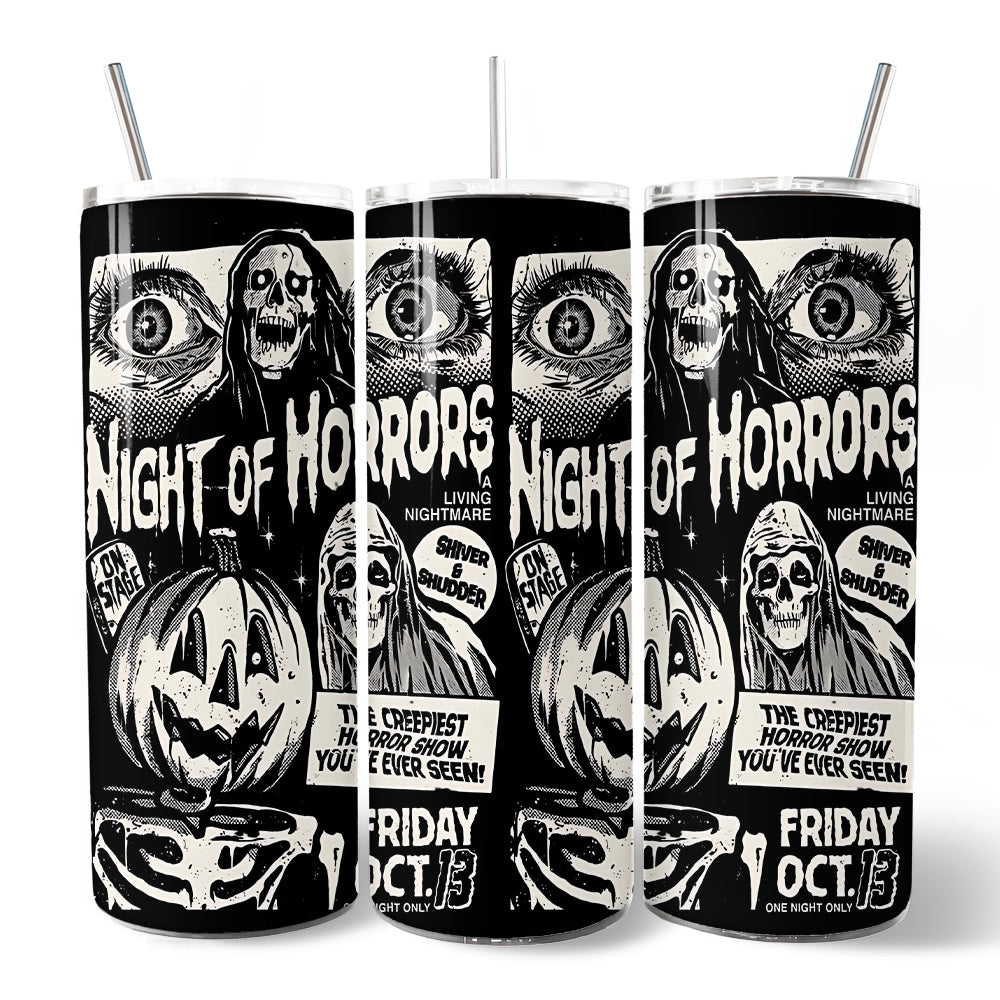 Night of Horrors Retro Halloween 20oz Personalized Tumbler With Lid and Stainless Steel Straw, Vintage Spooky Poster Gift Cup
