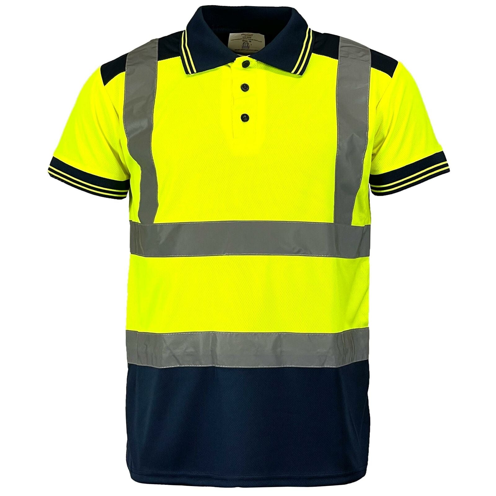 Mens Hi Vis Visibility short sleeved polo shirt in orange and navy with reflective tape and contrast collar, compliant with railway safety standards