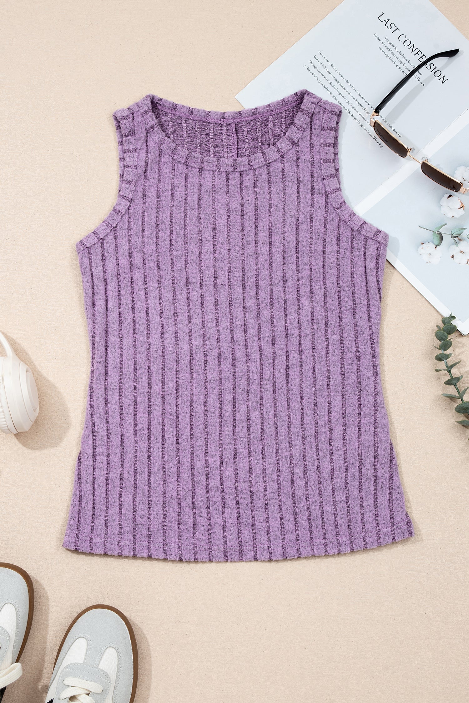 Beau Blue Slim ribbed mineral wash tank top with round neck and stretchy fabric