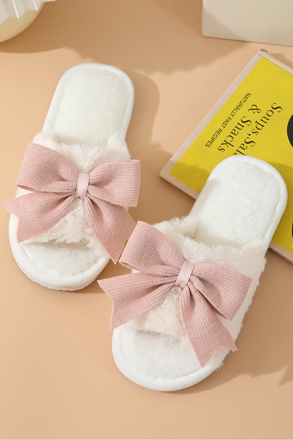 White slippers with bow knot decor and open toe plush design