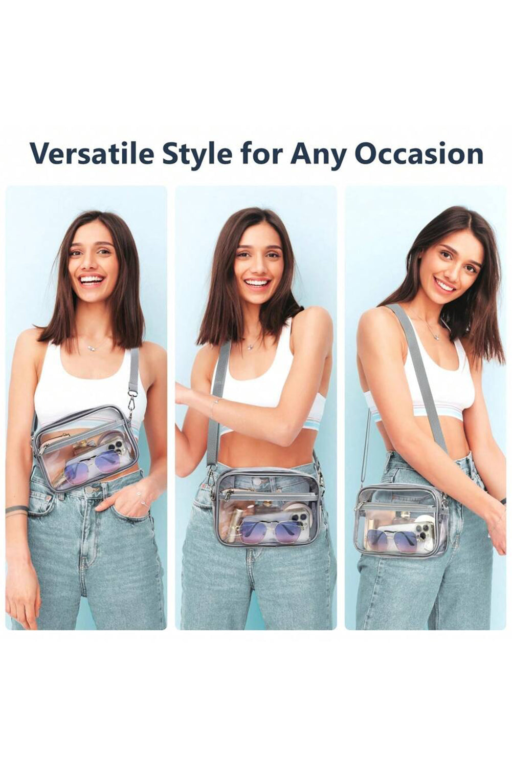 Gray multi-pocket clear shoulder bag with contrast edges and detachable strap for travel