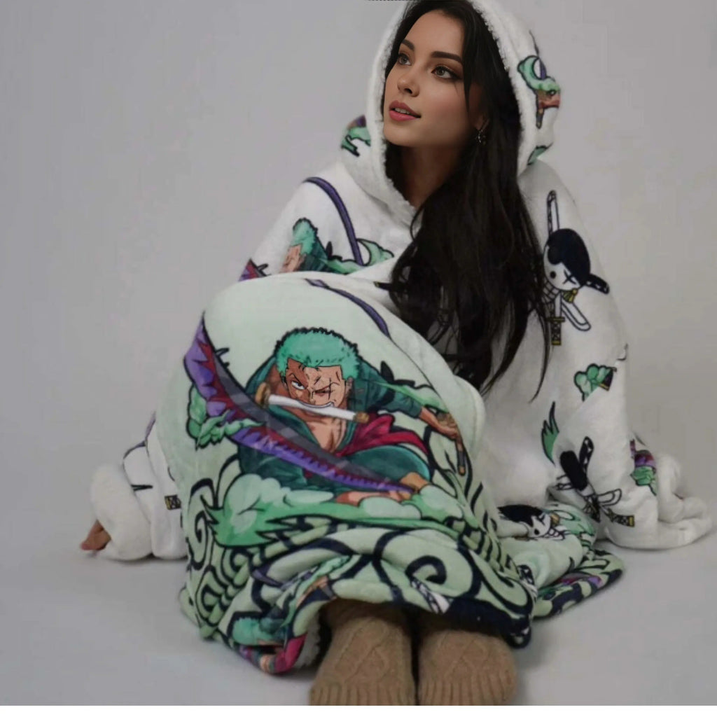Zoro One Piece wearable Sherpa blanket hoodie for kids and adults in green with front pocket