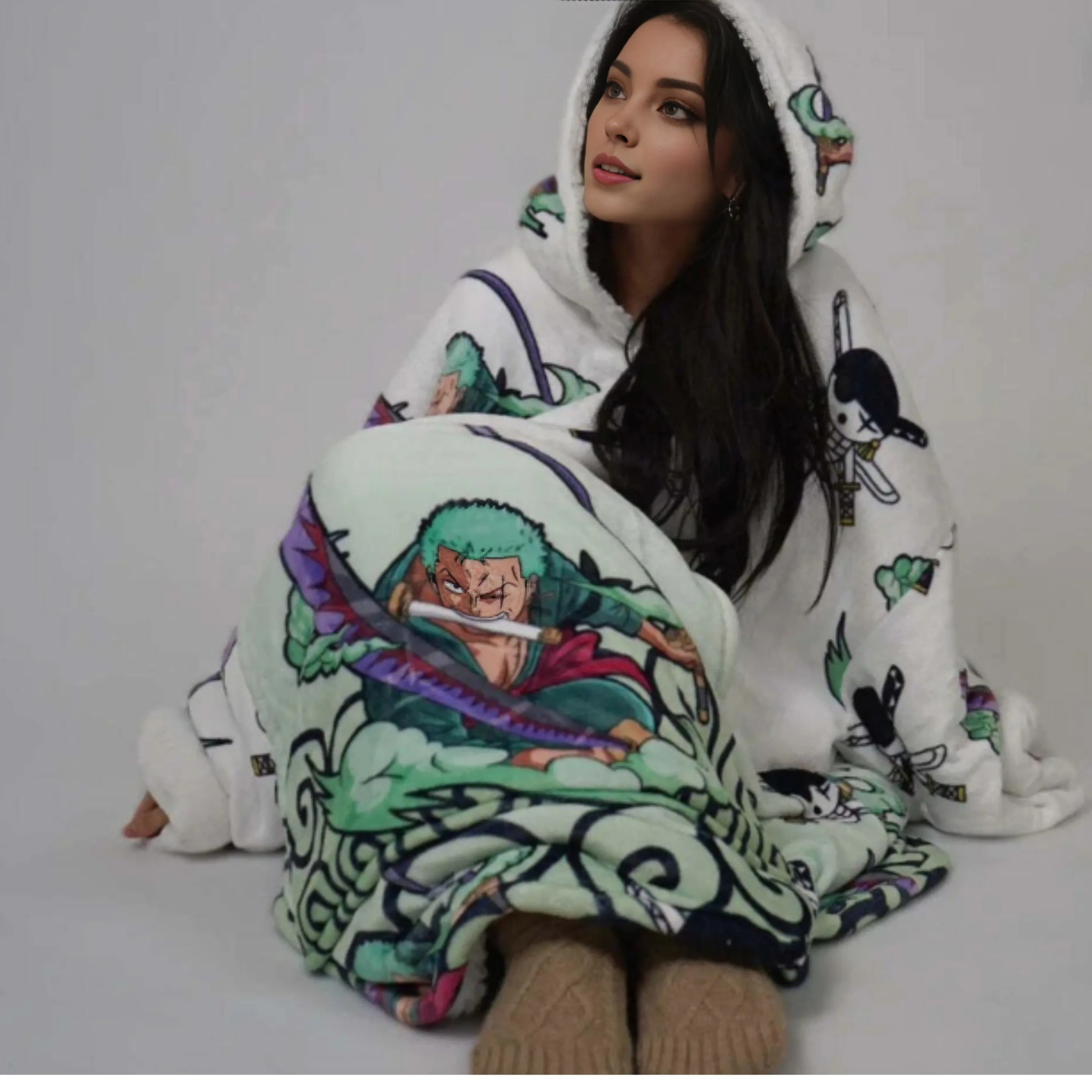 Zoro One Piece wearable Sherpa blanket hoodie for kids and adults in green with front pocket