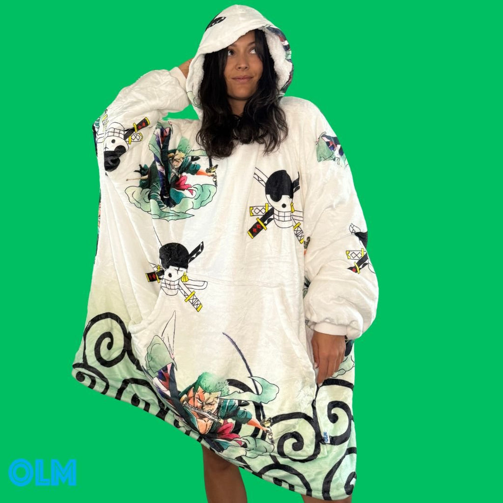 Zoro One Piece wearable Sherpa blanket hoodie for kids and adults from OLM Toys
