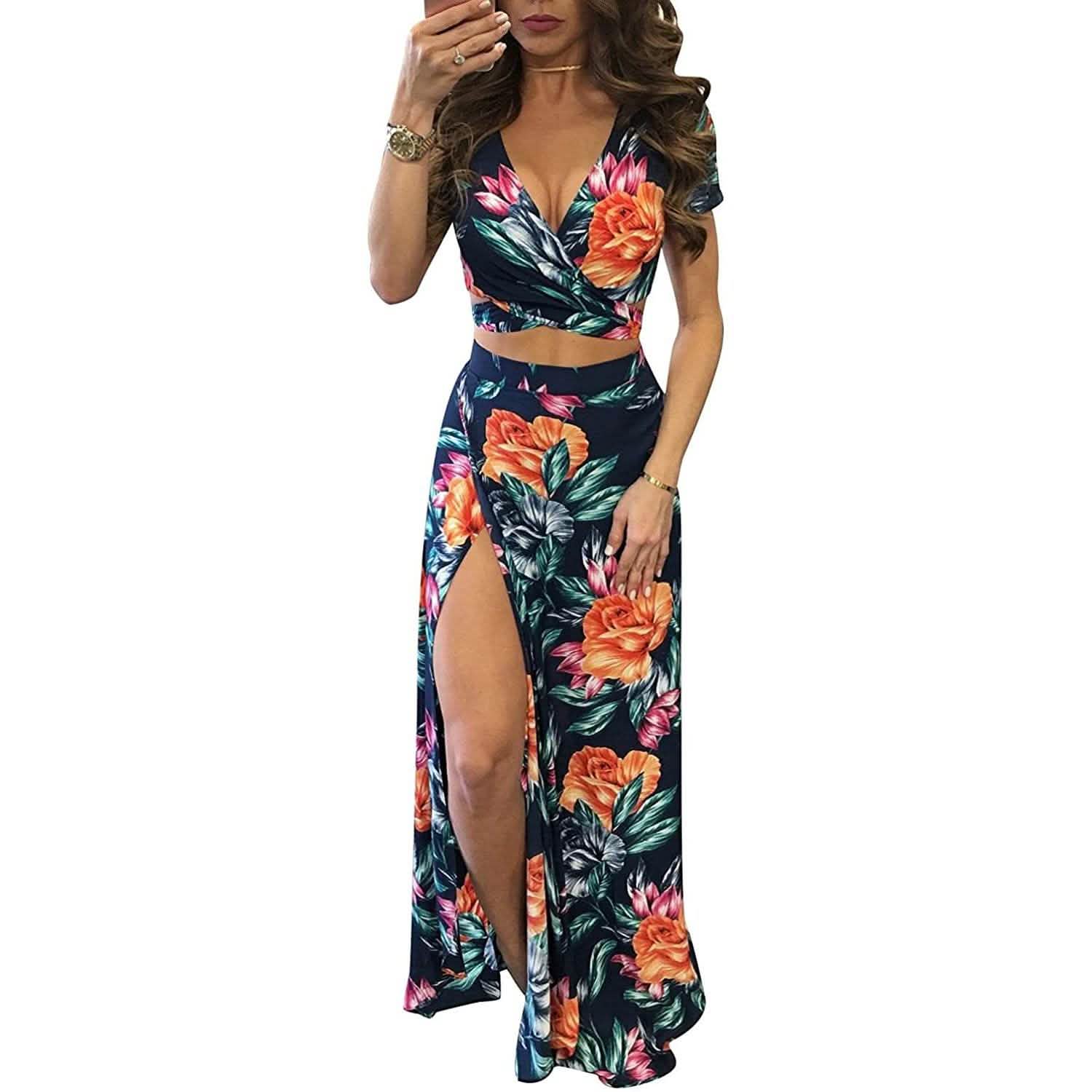Aro Lora Women's Sexy V Neck Floral Printed Side Slit Two-Piece Maxi Dress