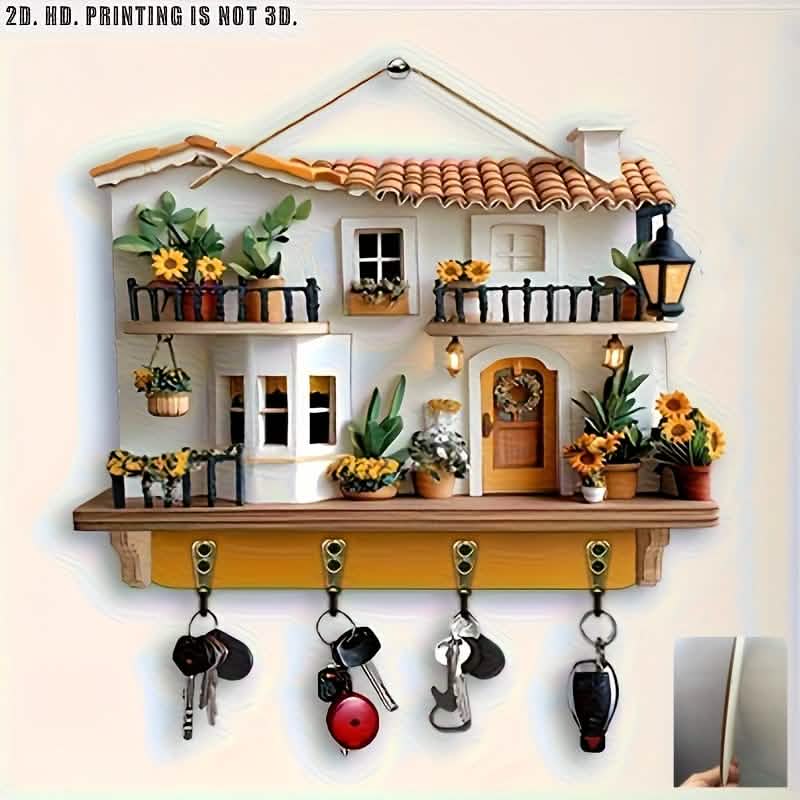 Sunflower Cottage key holder wooden wall decor with 4 metal hooks boho style