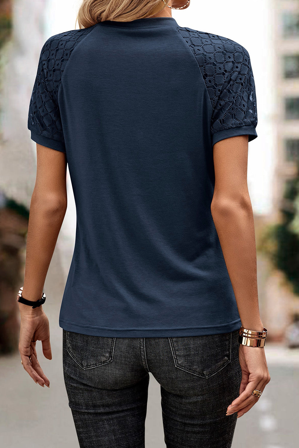 Navy blue tee with seamed detail and contrast lace raglan sleeves