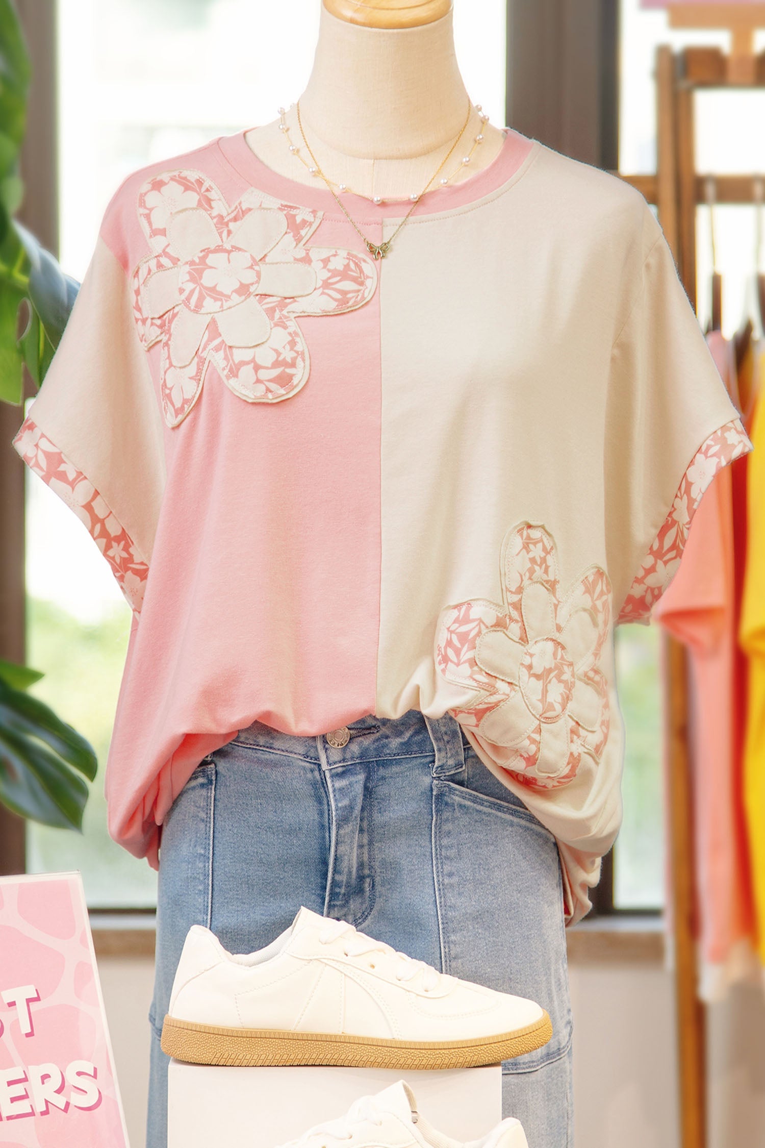 Apricot color block loose T-shirt with flower patch details