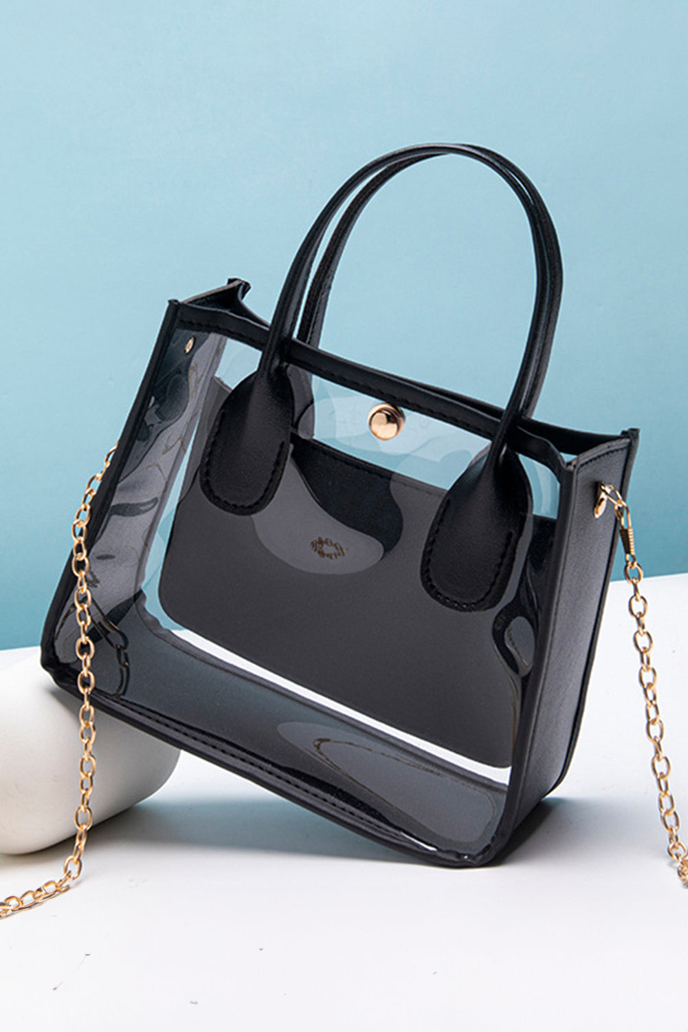 Chestnut PVC PU leather patchwork transparent shoulder bag with chain strap and spacious design