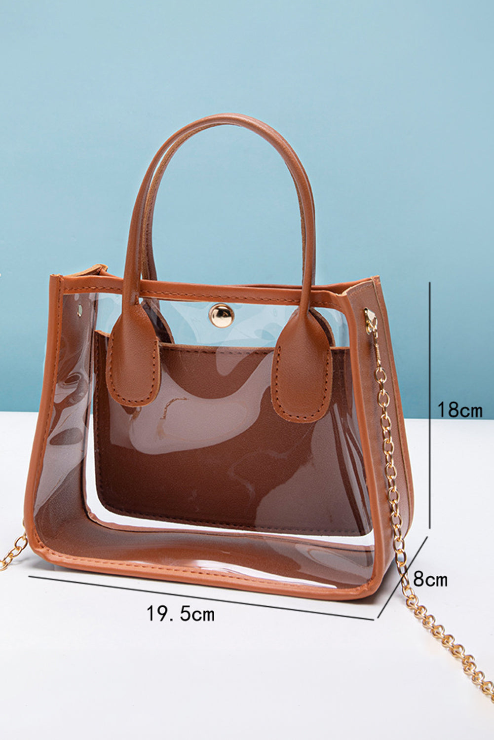 Chestnut PVC PU leather patchwork transparent shoulder bag with chain strap and spacious design