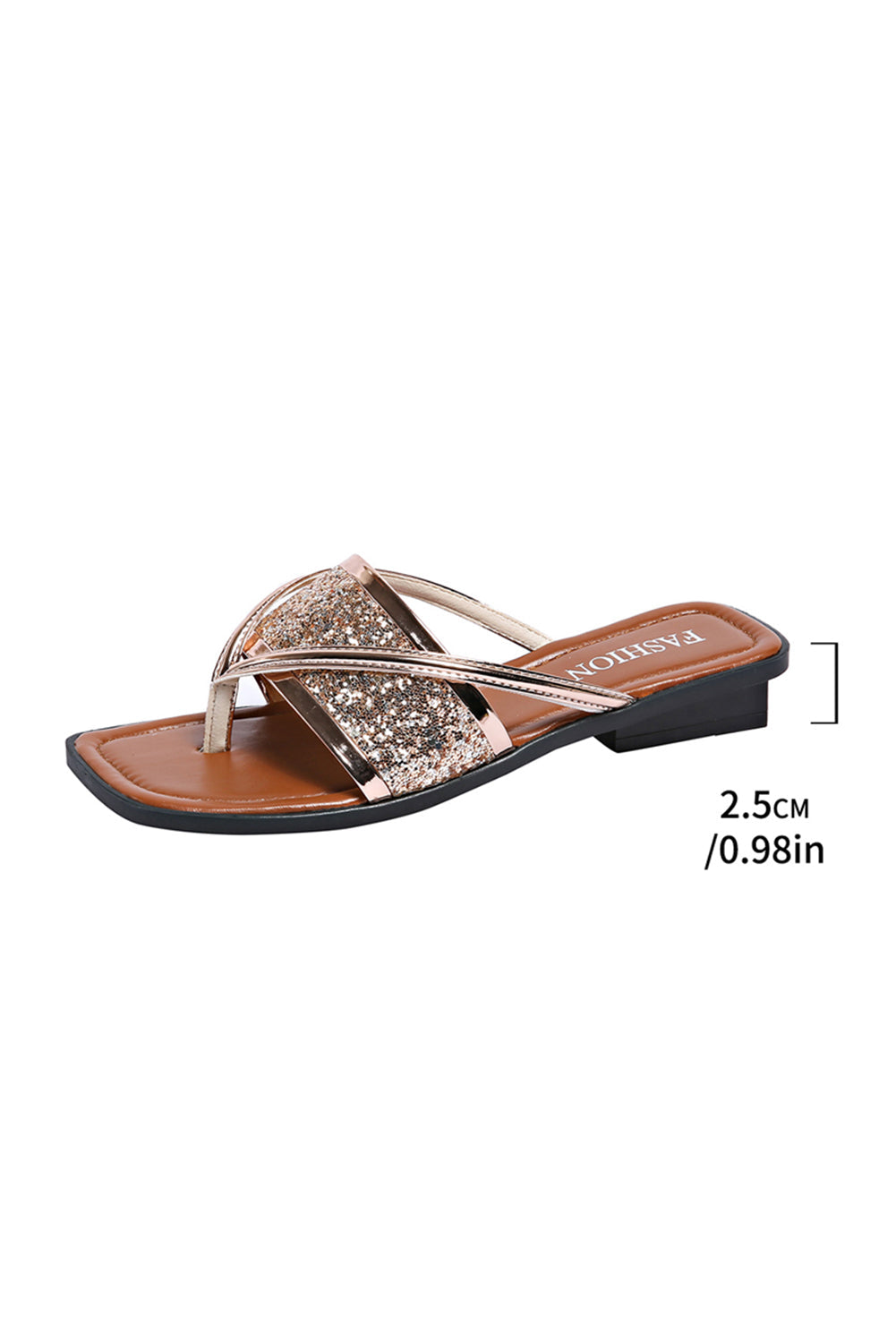 Gold glitter band square toe PU leather flat slippers with modern design