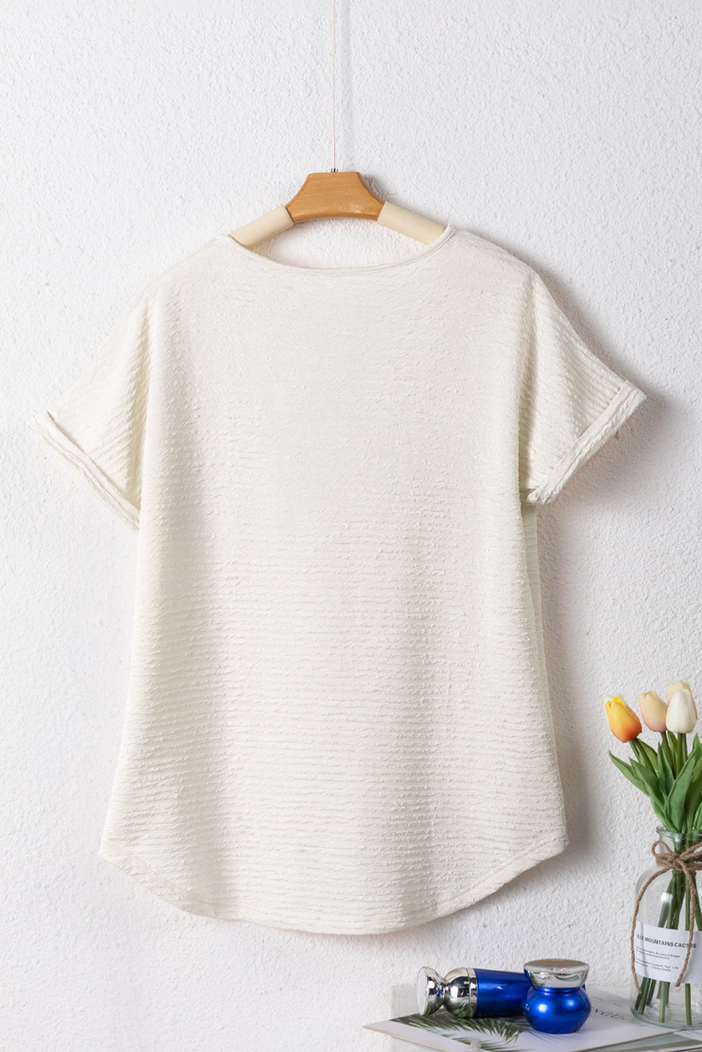 Beau Blue textured wide sleeve V-neck t-shirt with relaxed fit and stylish fabric