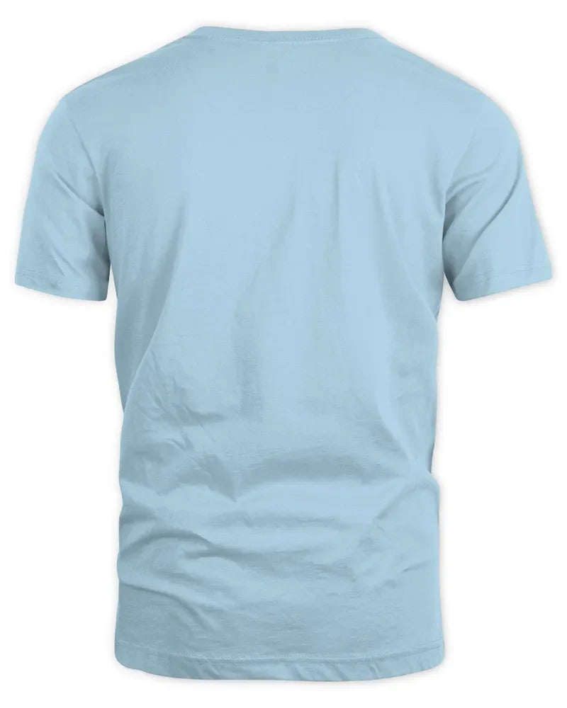 Light blue unisex standard t-shirt made from preshrunk cotton blend with seamless collar and twin needle hems shown from back.