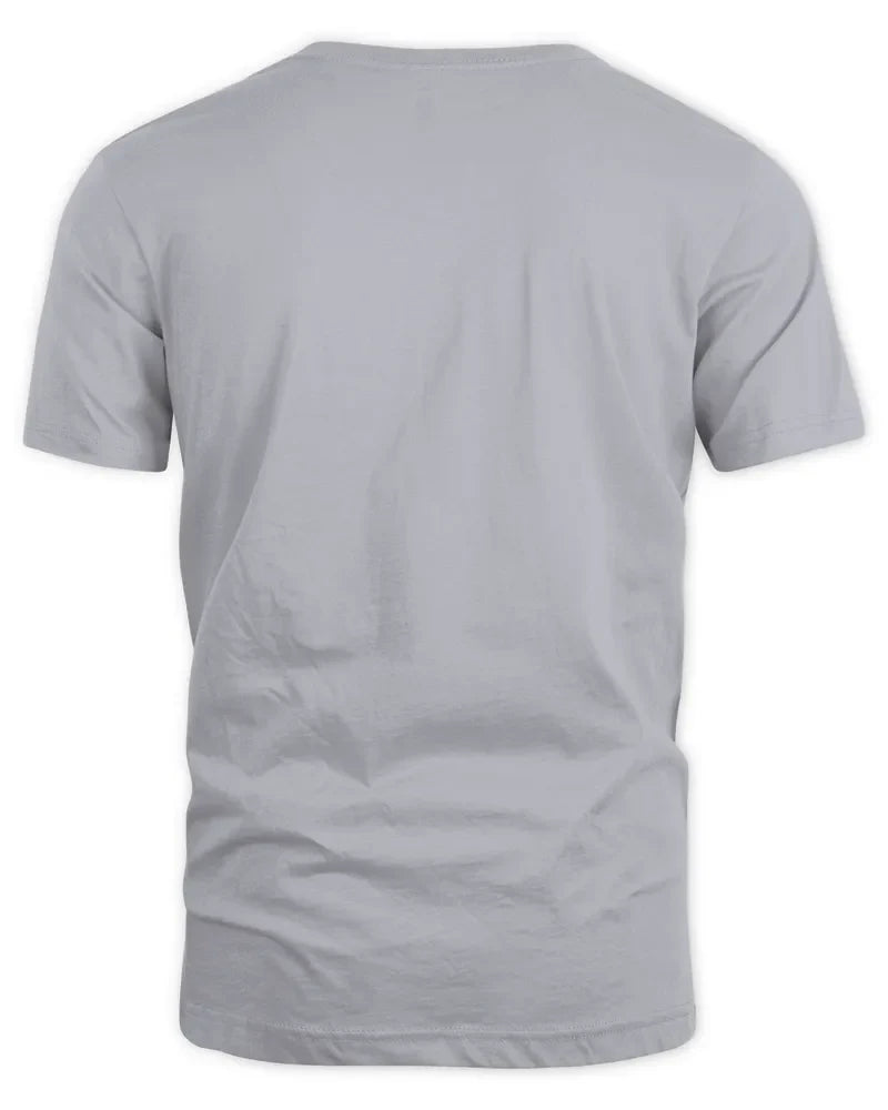 back view of plain light gray unisex standard t-shirt made of cotton blend with seamless collar and taped shoulders