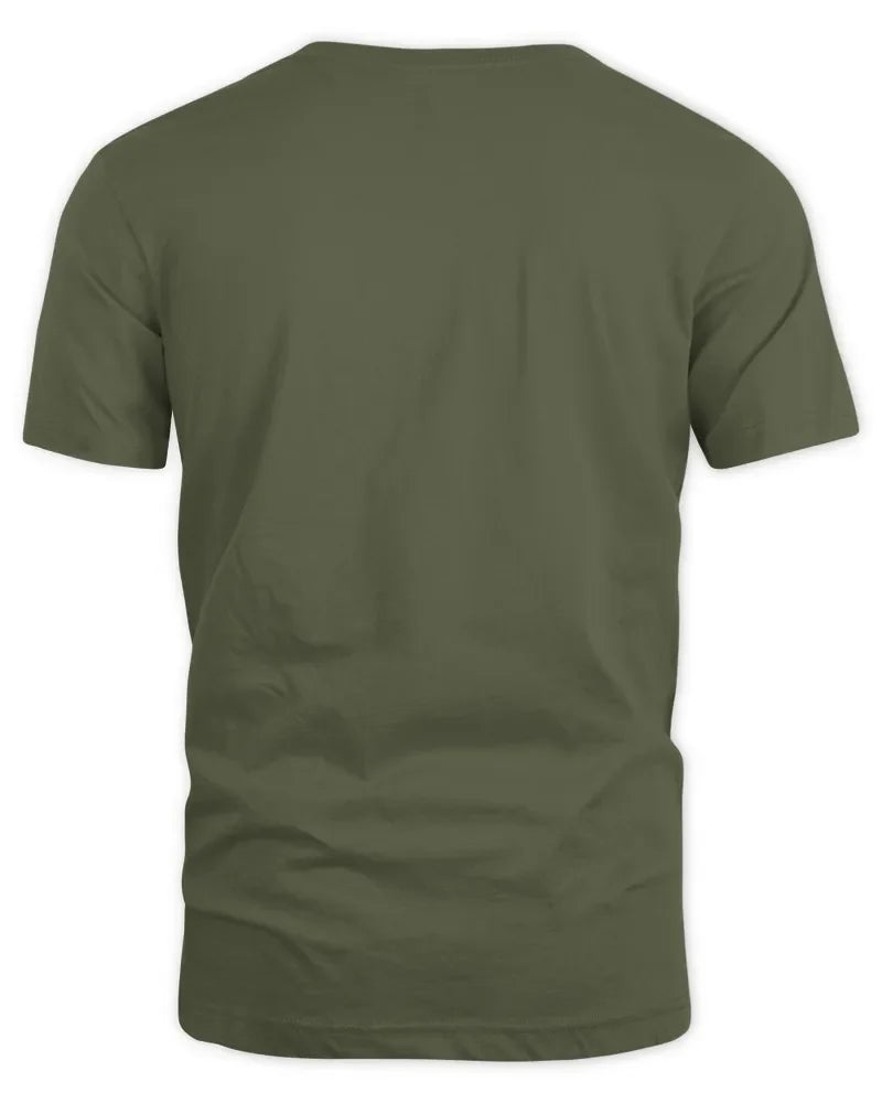 Back view of unisex standard t-shirt in olive green, 100% cotton with seamless collar and twin needle hems