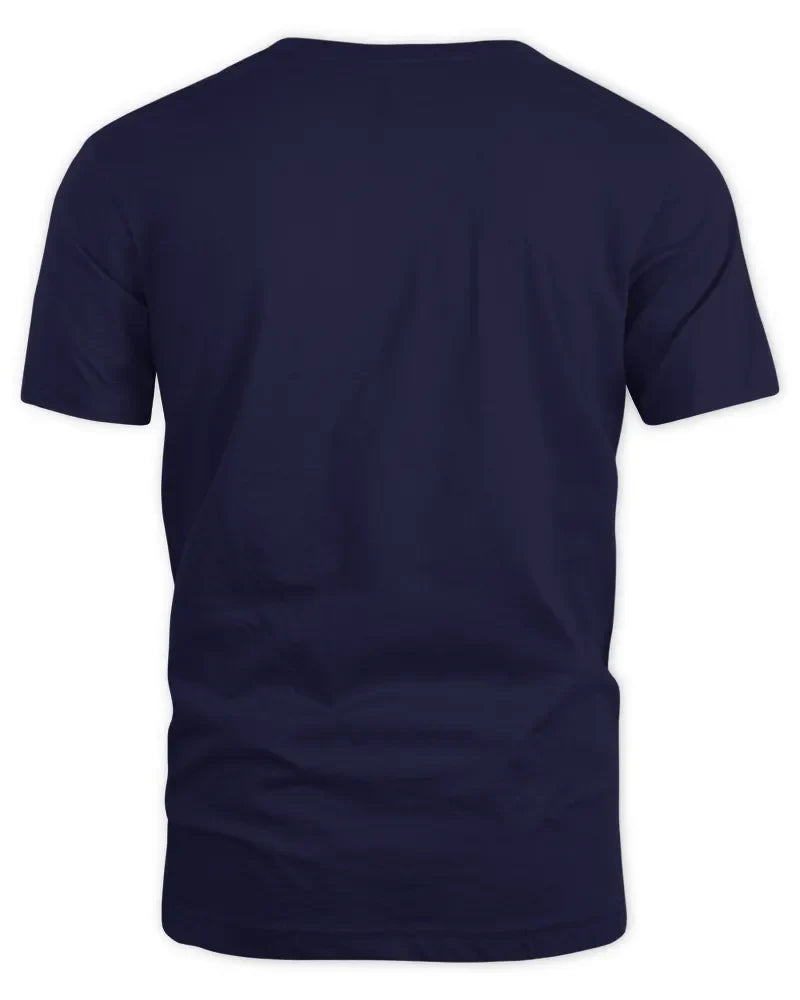 Back view of navy unisex standard t-shirt made of preshrunk cotton with seamless collar and taped shoulders