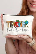 White TEACHER graphic print zipper cosmetic bag made of durable canvas, compact 22x15cm size