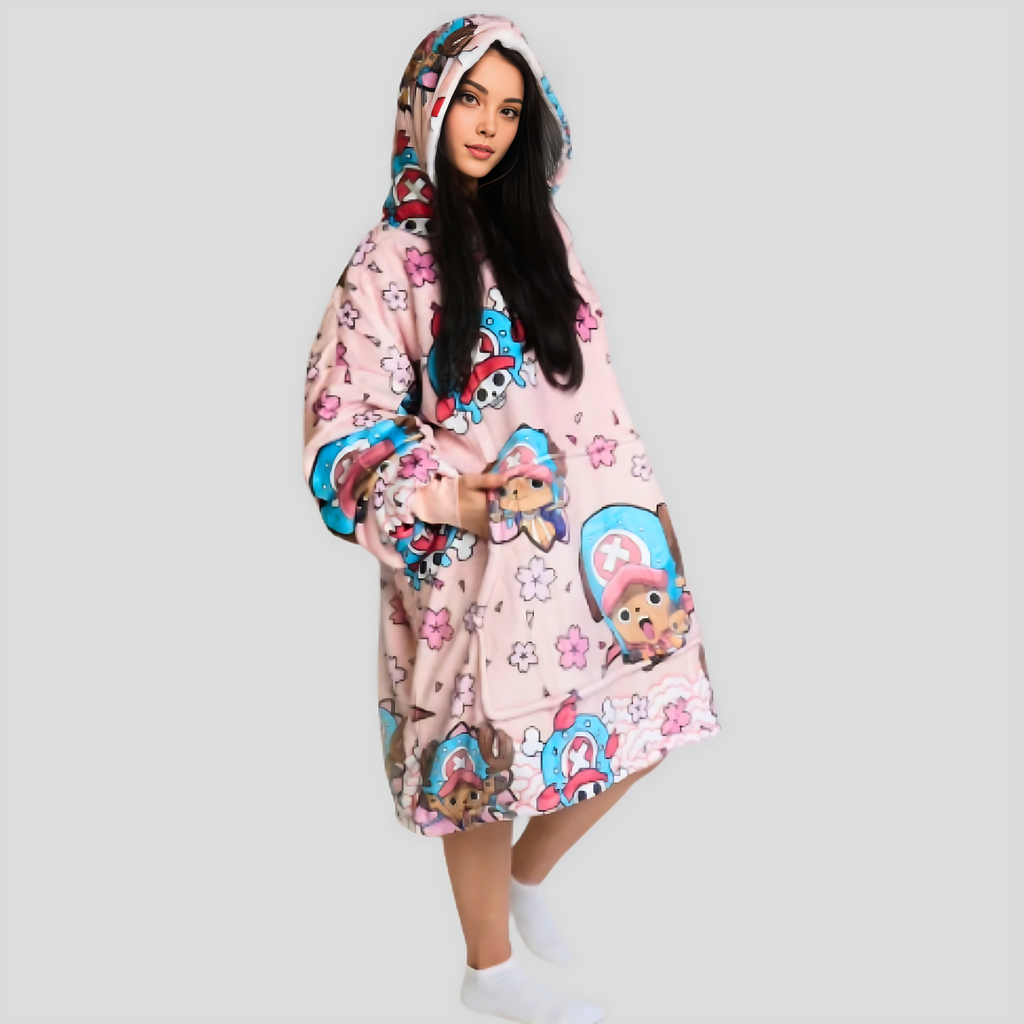 Tony Chopper One Piece wearable Sherpa blanket hoodie for kids and adults in cozy oversized design