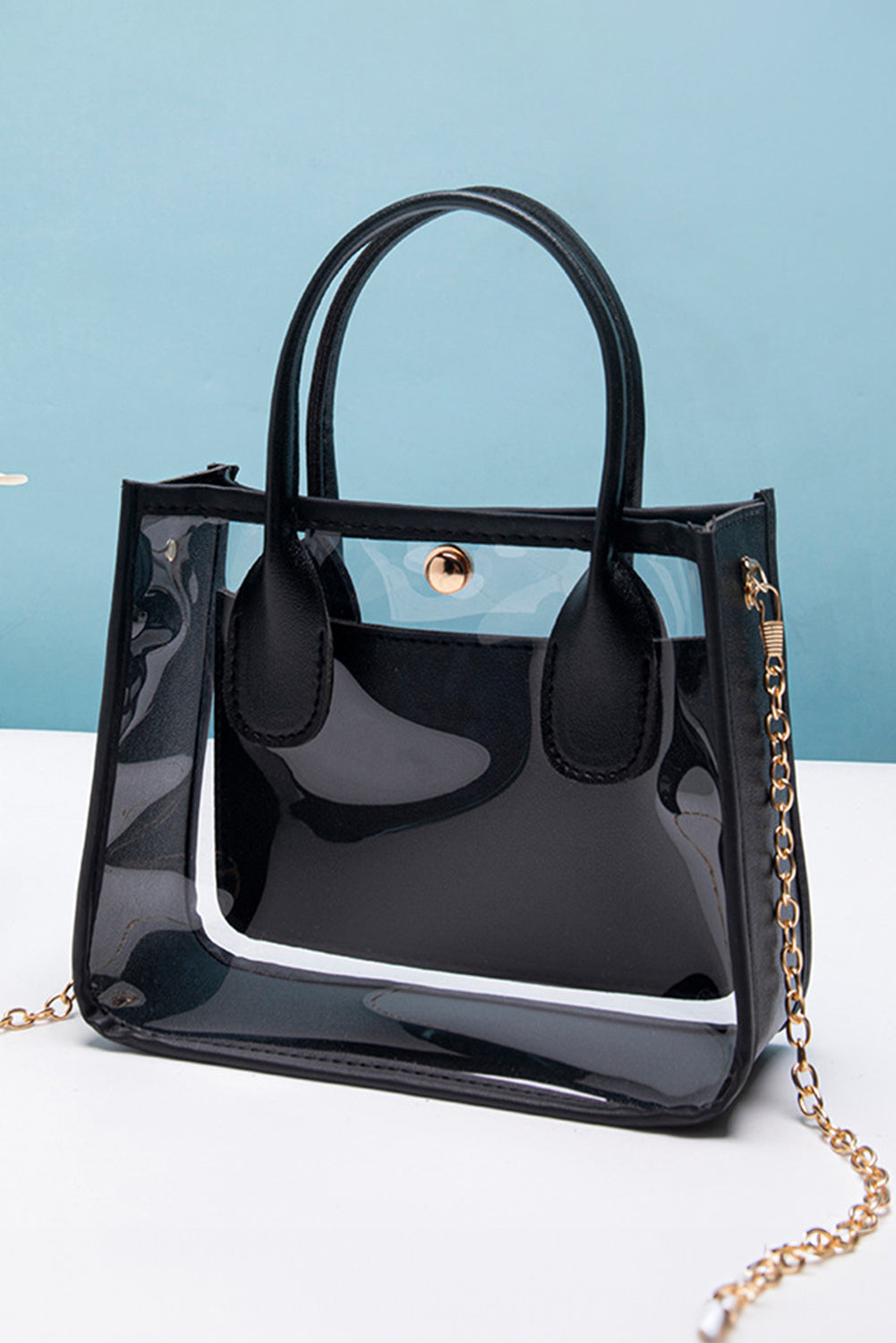 Chestnut PVC PU leather patchwork shoulder bag with transparent design and chain strap