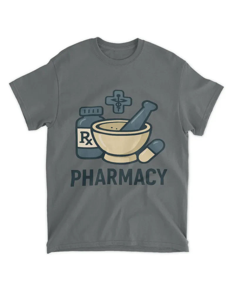 Unisex standard t-shirt in dark grey with pharmacy graphic design, 100% cotton preshrunk fabric.